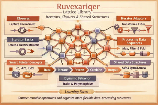 An educational infographic titled 'Ruvexariger Lattice Library' explaining iterators, closures, and shared data structures in a lattice-based programming paradigm, featuring a central network diagram with labeled nodes and boxes on a beige background.