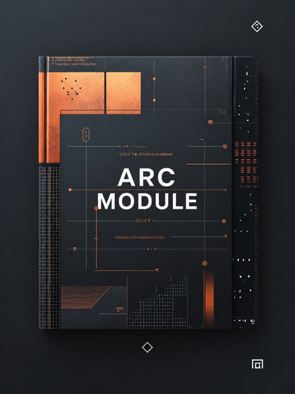 A hardcover book or module cover titled 'ARC MODULE' in large white text, shown from above on a dark charcoal background. The cover is black with geometric copper-orange panels, lines, and small text details.