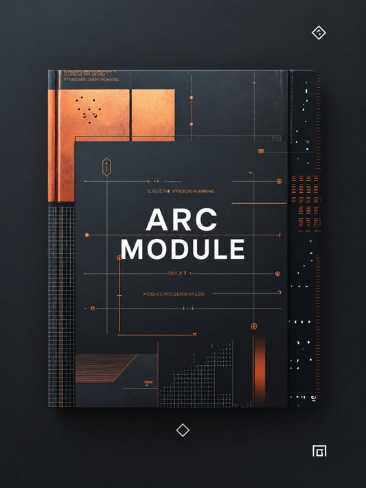 A hardcover book or module cover titled 'ARC MODULE' in large white text, shown from above on a dark charcoal background. The cover is black with geometric copper-orange panels, lines, and small text details.