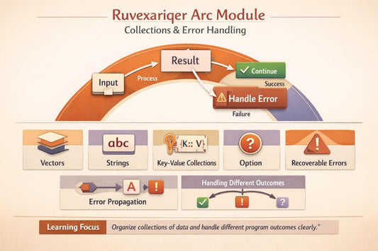 An educational infographic titled 'Ruvexariqer Arc Module Collections & Error Handling' on a warm beige background, featuring diagrams of data flow, error handling, and various collection types like vectors, strings, and key-value collections.