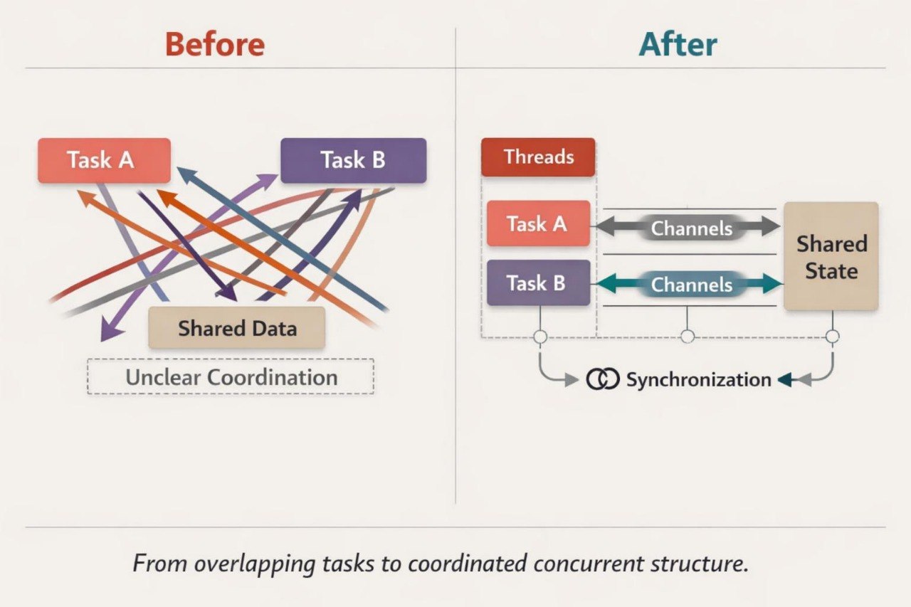 A comparison diagram labeled 'Before' and 'After' showing task coordination. The left 'Before' side shows overlapping Task A and Task B with many crossing colored arrows and shared data, labeled as unclear coordination.