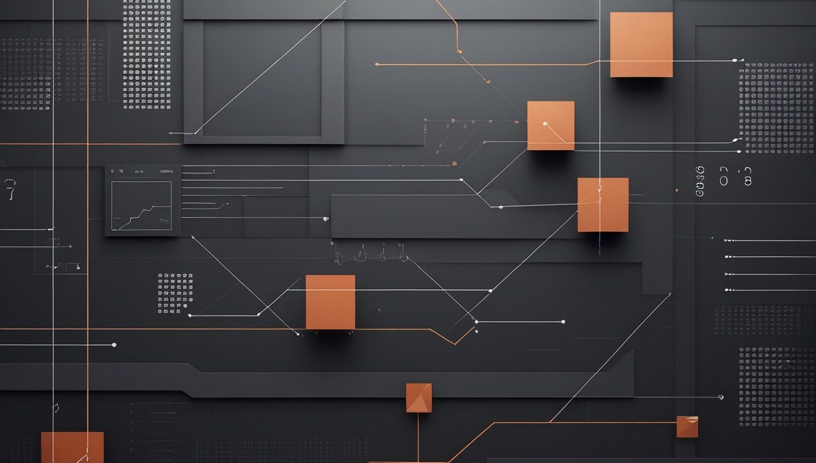 Abstract digital graphic featuring a dark gray textured background with orange 3D geometric cube blocks connected by thin glowing orange lines and white technical schematic overlays.