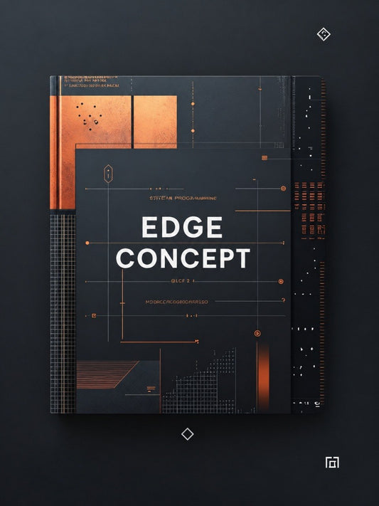 A hardcover book or portfolio titled 'EDGE CONCEPT' with a dark charcoal cover, white title text, and copper-orange geometric design elements, photographed against a dark background.