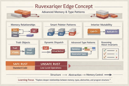 An educational infographic titled 'Ruvexariqer Edge Concept' explaining advanced Rust memory and type patterns, featuring diagrams of memory relationships, smart pointers, interior mutability, trait objects, dynamic dispatch, and generics on a light beige background.