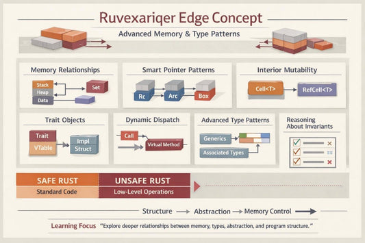 An educational infographic titled 'Ruvexariqer Edge Concept' explaining advanced Rust memory and type patterns, featuring diagrams of memory relationships, smart pointers, interior mutability, trait objects, dynamic dispatch, and generics on a light beige background.