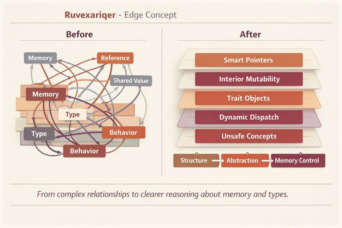 An infographic titled 'Ruvexariqer - Edge Concept' comparing a complex 'Before' concept diagram with a simplified 'After' stack of layers labeled Smart Pointers, Interior Mutability, Trait Objects, Dynamic Dispatch, and Unsafe Concepts. The design uses a warm beige background with orange, brown, and dark red graphic elements.