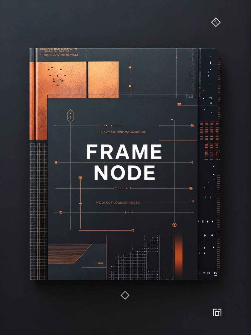 A hardcover book or notebook titled 'FRAME NODE' in large white text, shown closed on a dark background. The cover is predominantly black with copper-orange geometric blocks, lines, and text accents.