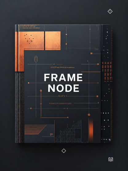 A hardcover book or notebook titled 'FRAME NODE' in large white text, shown closed on a dark background. The cover is predominantly black with copper-orange geometric blocks, lines, and text accents.