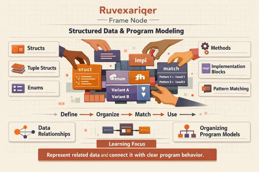 An infographic titled 'Ruvexariger Frame Node Structured Data & Program Modeling' with illustrated hands assembling colorful abstract blocks, including structs, enums, variants, match, impl, methods, and pattern matching. The design uses a beige background with orange, blue, purple, and brown blocks and connectors.