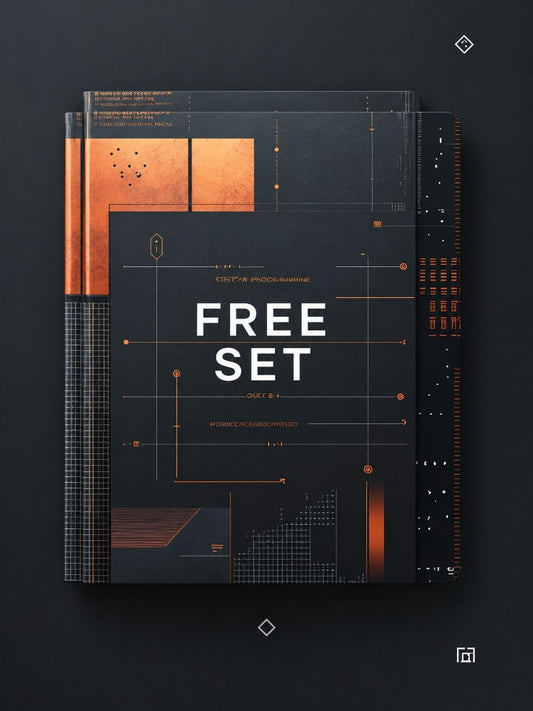 A dark gray and black book or portfolio cover with orange geometric line accents and the large white text 'FREE SET' on the front, shown on a dark background.