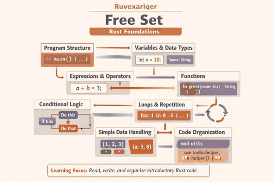 An educational infographic titled 'Ruvexariger Free Set Rust Foundations' outlining key programming concepts such as program structure, variables, functions, loops, and conditional logic with Rust syntax examples.