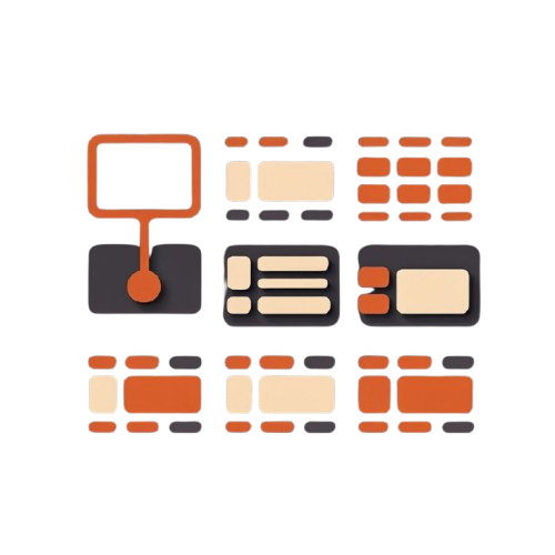 A set of flat vector UI component templates or cards in a minimalist design, featuring orange, beige, and dark gray geometric shapes on a solid white background.