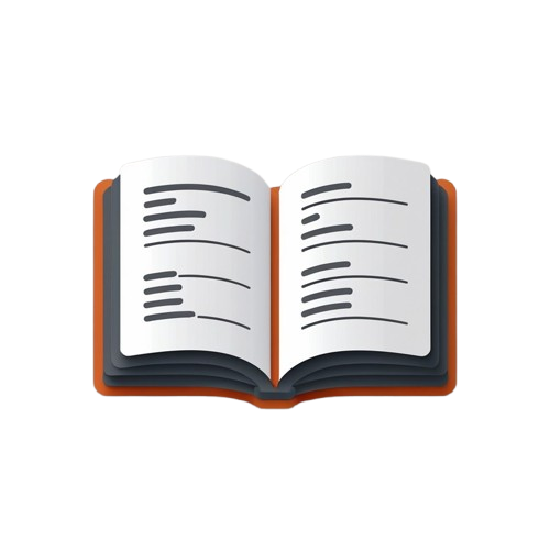 A simple vector-style illustration of an open book with white pages, dark gray text placeholders, and a brown-orange cover, centered on a plain white background.