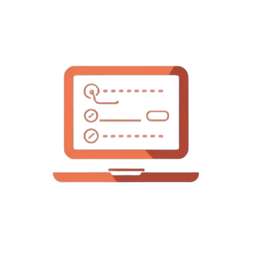 A minimalist flat vector icon of a laptop or tablet on a plain white background, rendered in shades of orange and brown.