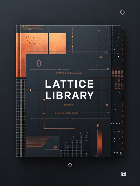 A hardcover book titled 'LATTICE LIBRARY' with a dark charcoal cover and copper-orange geometric line art, shown standing upright on a dark background.