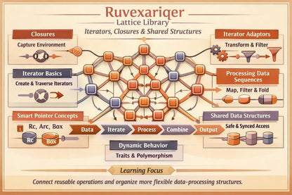 An educational infographic titled 'Ruvexariger Lattice Library' explaining iterators, closures, and shared data structures in a lattice-based programming paradigm, featuring a central network diagram with labeled nodes and boxes on a beige background.
