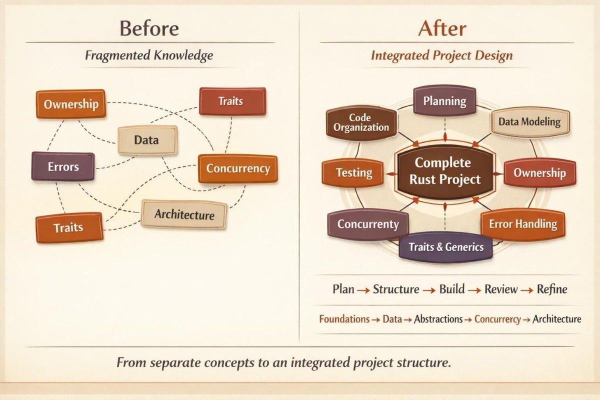 A comparison infographic titled 'Before' and 'After' on a beige background. The left panel, 'Fragmented Knowledge,' shows scattered labeled boxes such as Ownership, Traits, Data, Errors, and Architecture connected by dashed lines.