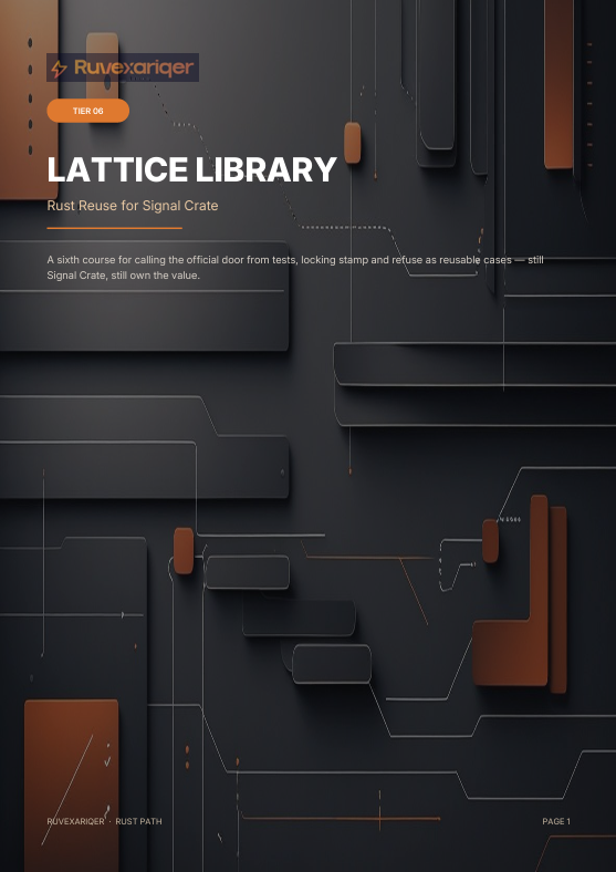 A dark promotional graphic for the Lattice Library by Ruvexariq, featuring a modern abstract 3D geometric design in black, dark gray, and rust-brown tones, with the title 'LATTICE LIBRARY' and subtitle 'Rust Reuse for Signal Crate'.