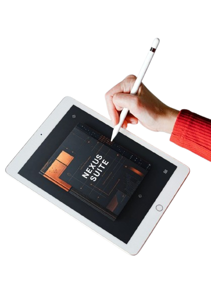 A hand in a red sweater holding a white stylus above a white tablet displaying the text 'NEXUS SUITE' on a black screen, isolated on a white background.