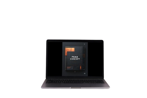 A dark gray laptop with its screen open, displaying a software interface titled 'PEAK CONCEPT' on a solid white background.