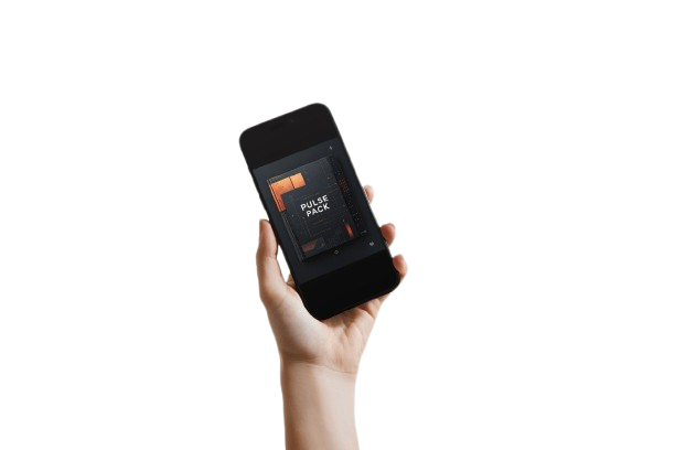 A hand holding a black smartphone against a solid white background. The phone screen displays a dark-themed digital interface with orange and white accents.