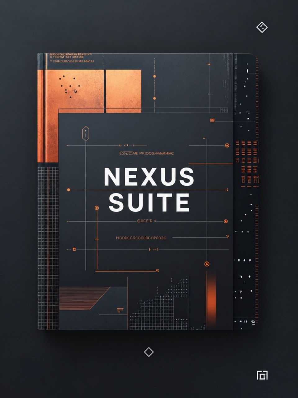 A hardcover book or journal titled 'NEXUS SUITE' with a dark charcoal cover, orange geometric line art, and white title text, photographed from above on a dark background.