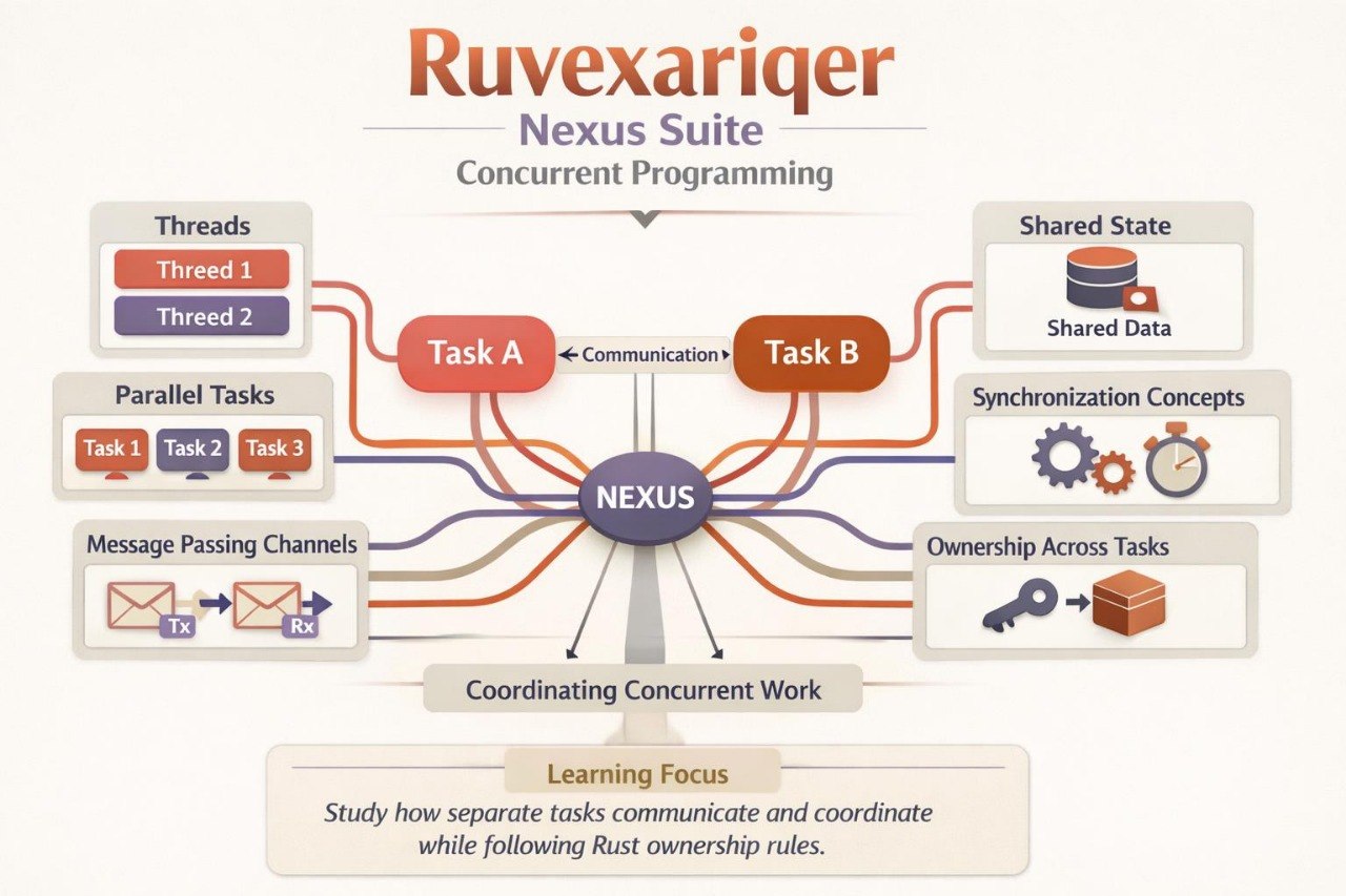 An educational infographic titled 'Ruvexariger Nexus Suite Concurrent Programming' explaining how threads, tasks, message passing channels, and shared state communicate and coordinate in Rust. The diagram features a central dark purple 'NEXUS' node with radiating orange, red, blue, and purple lines connecting to labeled boxes on a light beige background.