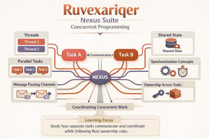 An educational infographic titled 'Ruvexariger Nexus Suite Concurrent Programming' explaining how threads, tasks, message passing channels, and shared state communicate and coordinate in Rust. The diagram features a central dark purple 'NEXUS' node with radiating orange, red, blue, and purple lines connecting to labeled boxes on a light beige background.