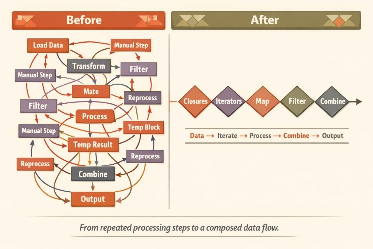 A process flow diagram comparing a 'Before' state with an 'After' state on a beige background. The left 'Before' section shows multiple interconnected process boxes such as Load Data, Transform, Filter, Reprocess, and Combine with curved arrows.
