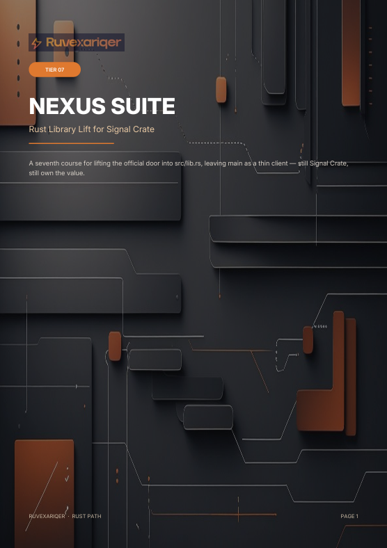 A dark promotional graphic for the Nexus Suite Rust Library Lift for Signal Crate, featuring abstract 3D geometric shapes in black and rust brown with white and orange text on a dark charcoal background.