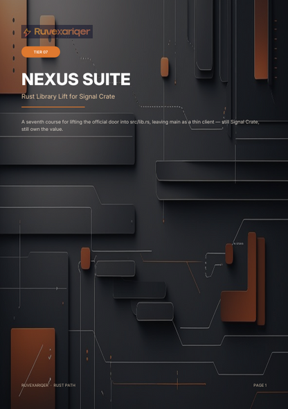 A dark promotional graphic for the Nexus Suite Rust Library Lift for Signal Crate, featuring abstract 3D geometric shapes in black and rust brown with white and orange text on a dark charcoal background.