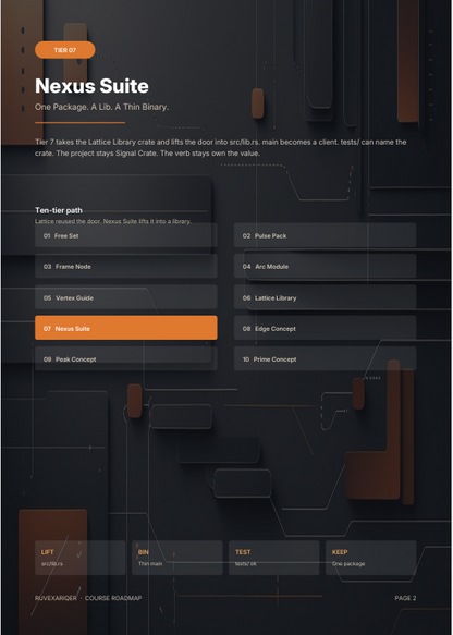 A dark software interface or presentation slide for the 'Nexus Suite' package, showing a sidebar menu with items like 'Tenier path', 'Lift', 'GDM', 'TEST', and 'HREF', plus a highlighted 'Nexus Suite' option on a black and dark gray background.