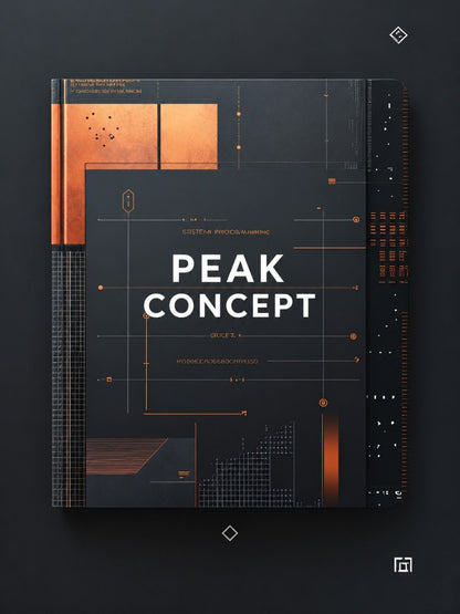 A hardcover book titled 'PEAK CONCEPT' with a dark charcoal cover and orange geometric line art, shown standing upright on a dark background.