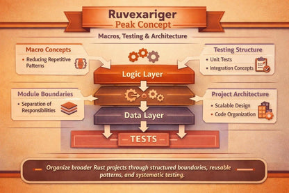 An infographic titled 'Ruvexariger Peak Concept' about macros, testing & architecture, with layered diagrams labeled Logic Layer, Data Layer, and Tests on a warm beige background.