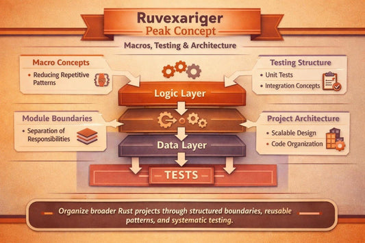 An infographic titled 'Ruvexariger Peak Concept' about macros, testing & architecture, with layered diagrams labeled Logic Layer, Data Layer, and Tests on a warm beige background.