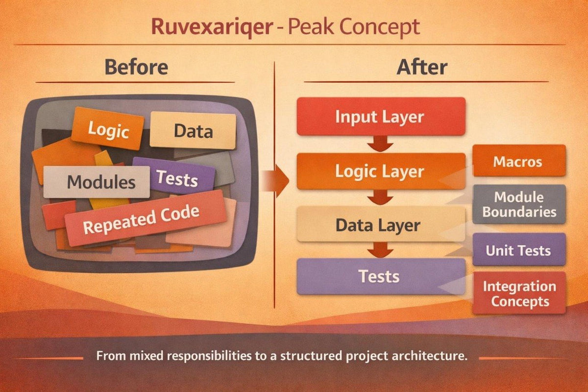 An infographic titled 'Ruvexariqer - Peak Concept' comparing a messy 'Before' state with a structured 'After' state. The left 'Before' section shows a computer monitor with labeled blocks like Logic, Data, Modules, Tests, and Repeated Code.
