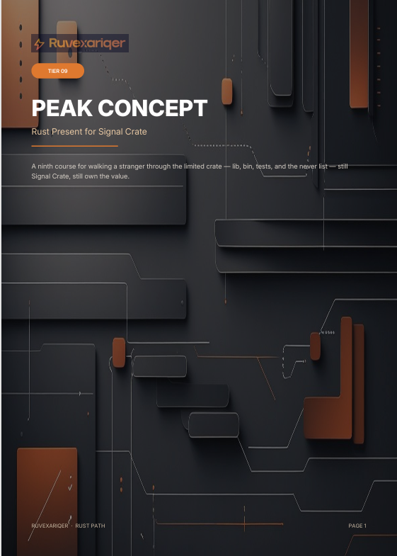 A dark abstract cover design with layered geometric shapes in black and copper-brown, plus thin circuit-like lines. Large visible text reads 'Ruvexariqer' and 'PEAK CONCEPT', with smaller text 'Rust Present for Signal Crate' and 'PAGE 1' at the bottom.