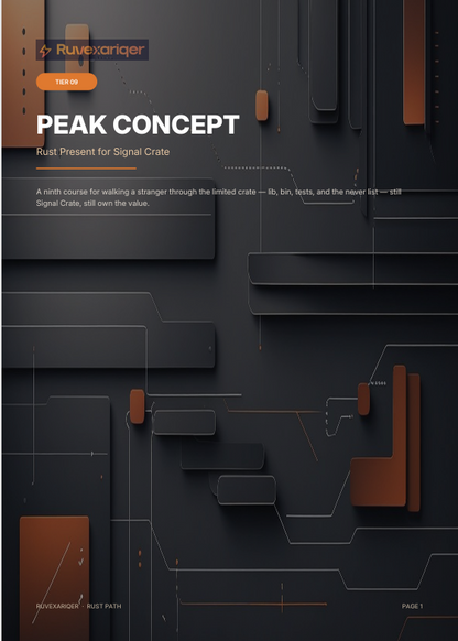 A dark abstract cover design with layered geometric shapes in black and copper-brown, plus thin circuit-like lines. Large visible text reads 'Ruvexariqer' and 'PEAK CONCEPT', with smaller text 'Rust Present for Signal Crate' and 'PAGE 1' at the bottom.