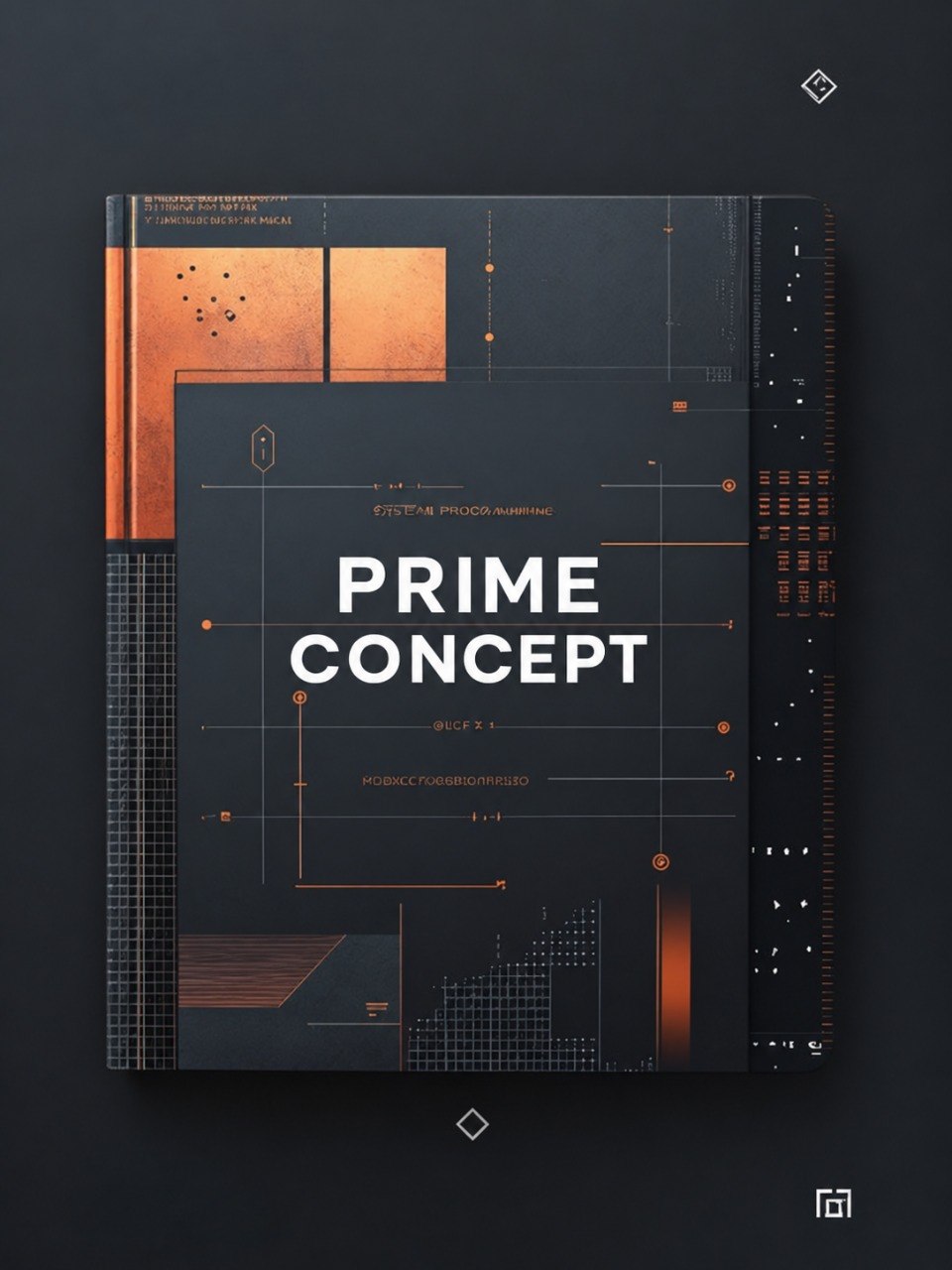 A hardcover book or journal titled 'PRIME CONCEPT' in bold white text, shown closed on a dark background. The cover is predominantly black with copper-orange geometric blocks, fine line graphics, and small text details.