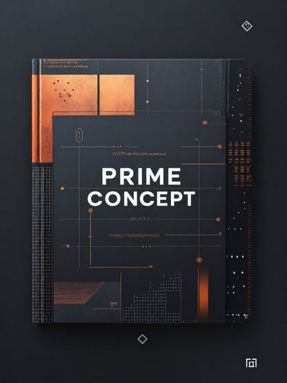A hardcover book or journal titled 'PRIME CONCEPT' in bold white text, shown closed on a dark background. The cover is predominantly black with copper-orange geometric blocks, fine line graphics, and small text details.