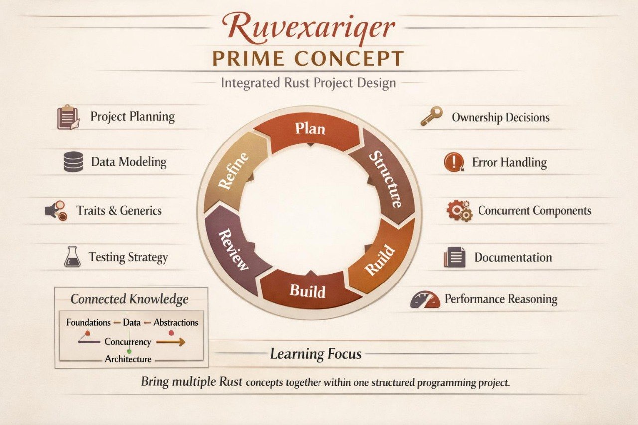 An infographic titled 'Ruvexariger Prime Concept' on a beige background, showing a circular project lifecycle diagram with labeled phases Plan, Structure, Build, Review, and Refine, plus side lists of project management and Rust-related concepts.