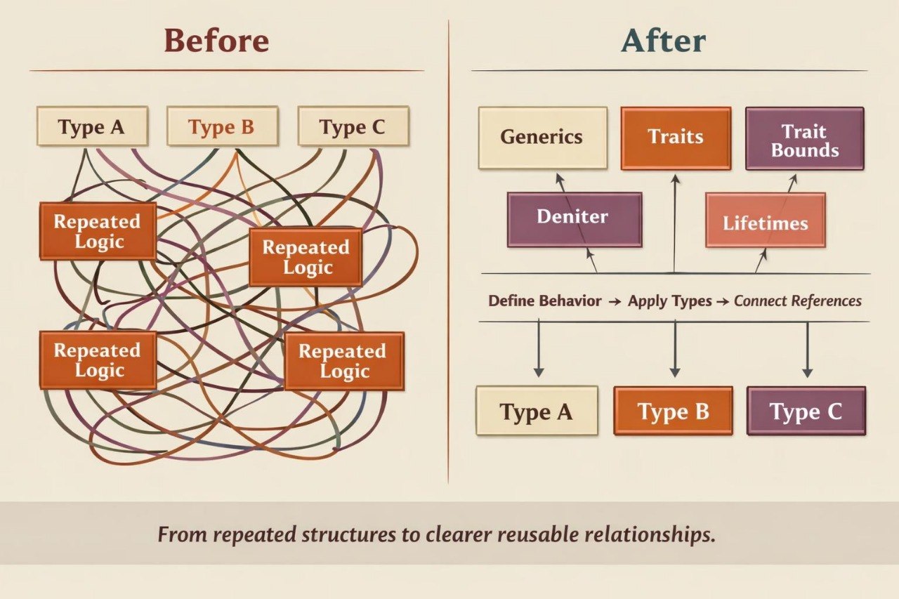A beige infographic comparing a tangled 'Before' diagram with a clearer 'After' diagram. The left side shows overlapping labeled boxes reading 'Repeated Logic' under headers Type A, Type B, and Type C.