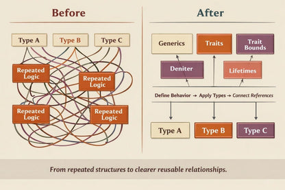 A beige infographic comparing a tangled 'Before' diagram with a clearer 'After' diagram. The left side shows overlapping labeled boxes reading 'Repeated Logic' under headers Type A, Type B, and Type C.