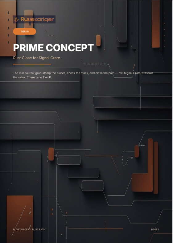 A book cover or digital guide cover titled "PRIME CONCEPT" with the subtitle "Rust Close for Signal Crate" and a dark abstract technical illustration in black, gray, and rust-brown tones. The top-left shows the brand name "Ruvexaniger" and a small orange label reading "Tier 10.
