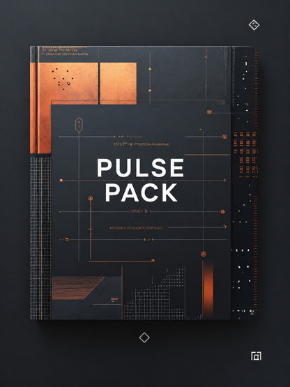 A book or album cover titled 'PULSE PACK' in large white text, shown standing upright on a dark surface. The cover design is predominantly black with copper-orange geometric blocks, fine line graphics, and small white text.