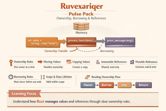 An educational infographic titled 'Ruvexariger Pulse Pack' explaining ownership, borrowing, and references in Rust, featuring diagrams, text boxes, and icons on a beige background.