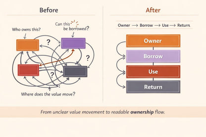 A diagram comparing 'Before' and 'After' states of value flow. The left 'Before' side shows a tangled, abstract ownership and borrowing flow with multicolored boxes and question marks.