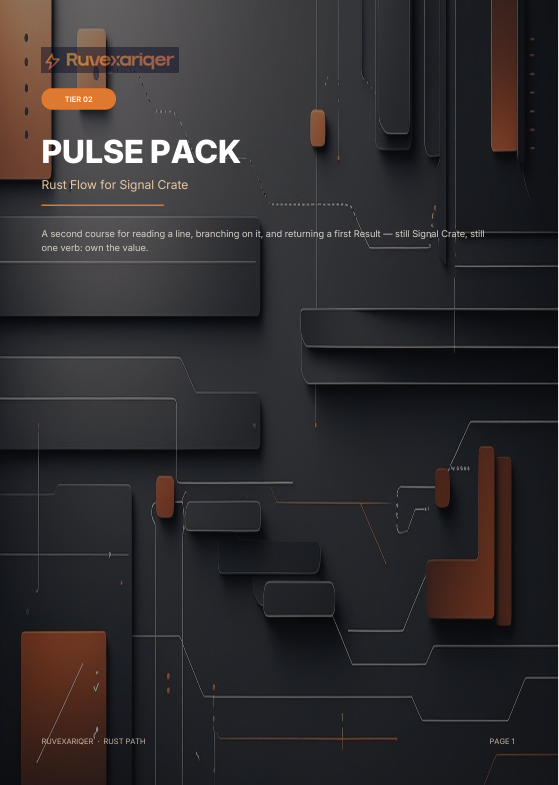 A dark abstract cover-style graphic with the title 'PULSE PACK' and smaller text 'Rust Flow for Signal Crate,' plus the brand name 'Ruvexanqier' at the top. The design uses layered rectangular shapes and thin line drawings in black, gray, and rust brown on a very dark charcoal background.