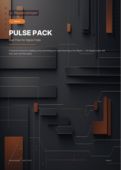 A dark abstract cover-style graphic with the title 'PULSE PACK' and smaller text 'Rust Flow for Signal Crate,' plus the brand name 'Ruvexanqier' at the top. The design uses layered rectangular shapes and thin line drawings in black, gray, and rust brown on a very dark charcoal background.