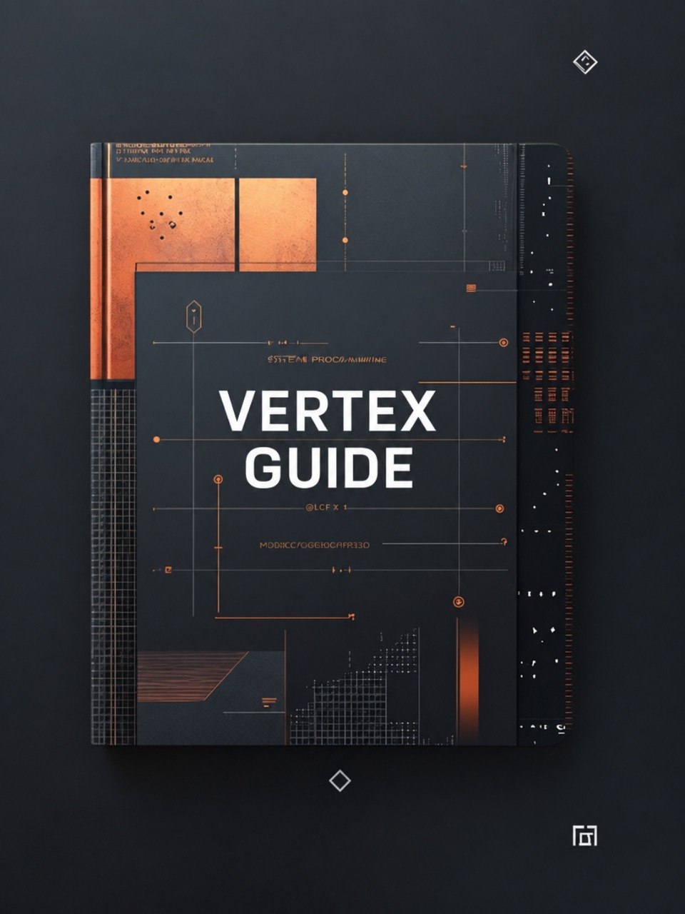 A hardcover book titled 'VERTEX GUIDE' with a dark charcoal cover and copper-orange geometric line art, photographed from above on a dark background.